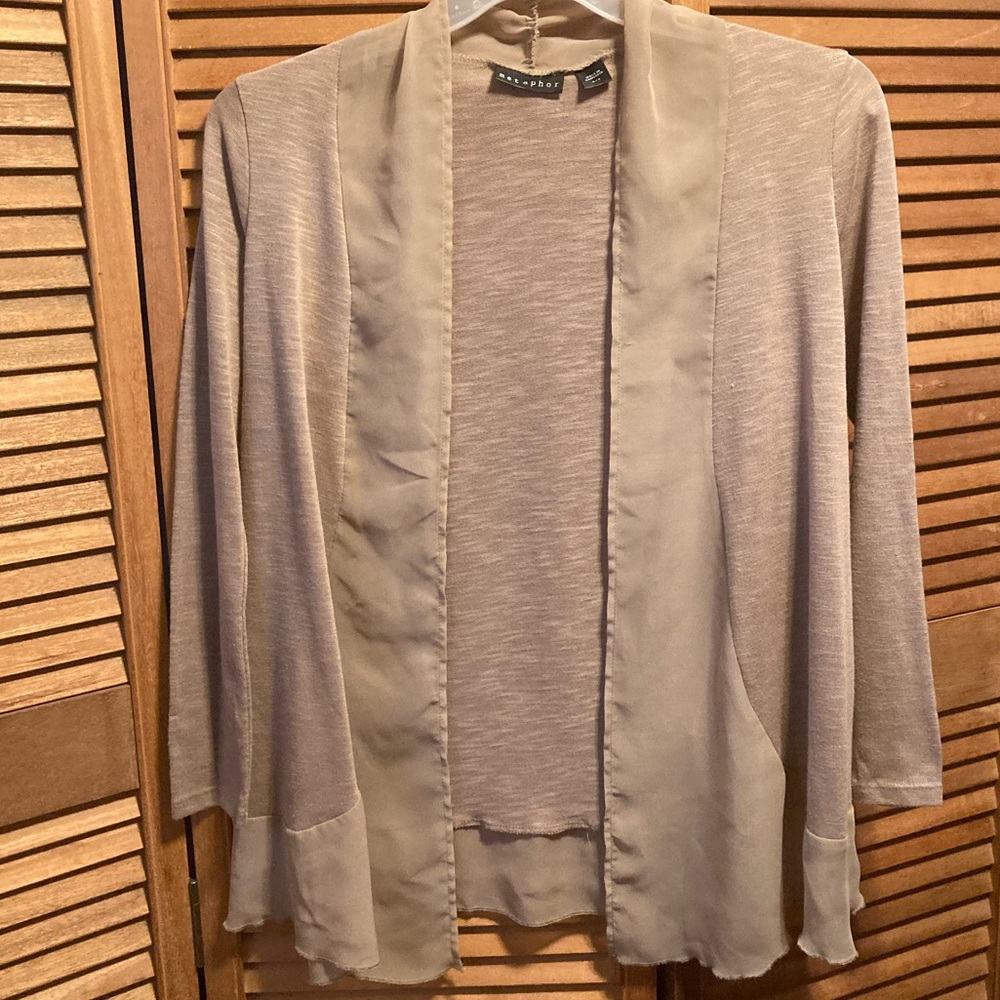 Metaphor Tan Open Front Chiffon Trim Cardigan - image 1